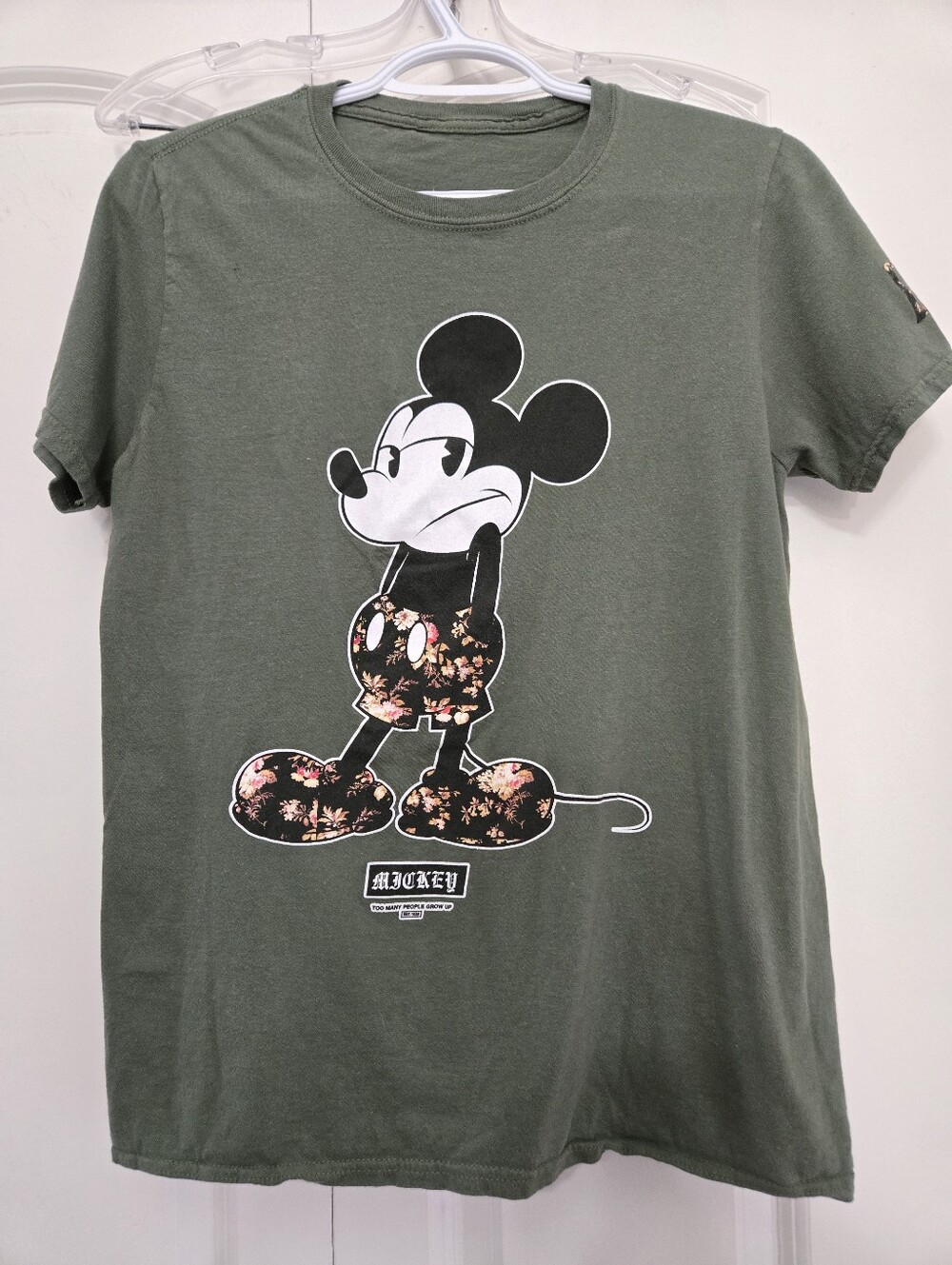 Disney Women's Olive Green Mickey Mouse Floral Graphic Tee